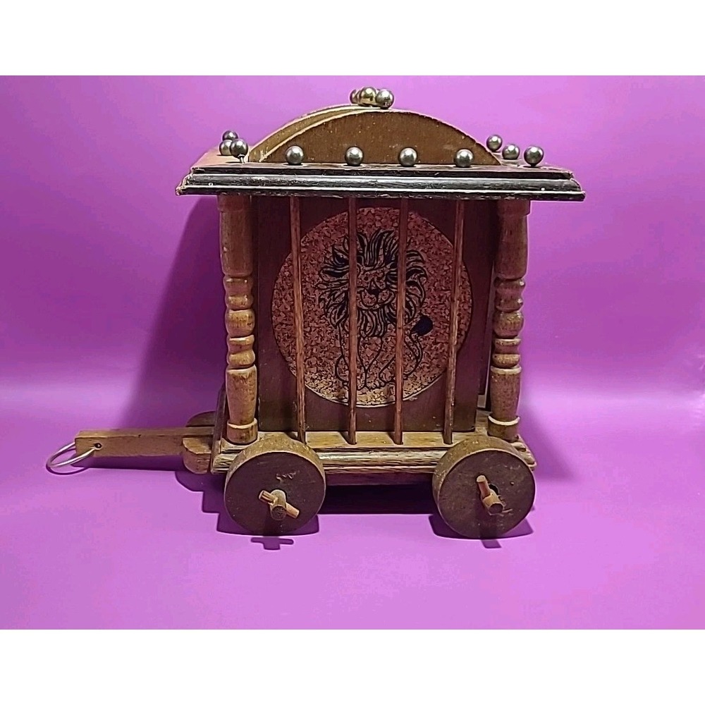 Vtg 1976 Cork Wood Coasters Set Circus Lion Zoo Train Cage Wagon‎ Caddy Bar Ware